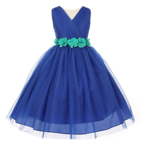 Little Girls Royal Blue Jade Chiffon Floral Sash Tulle Flower Girl Dress 2-6 - SophiasStyle.com